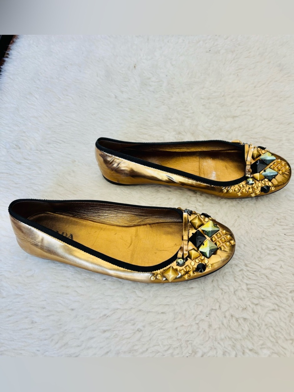 Prada Gold Metallic Embellished Jeweled Ballet Flats size EU 38.5  US 8 - Picture 3 of 12